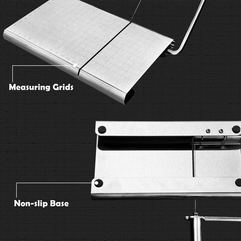 Cheese Slicer with Cutting Board and Measuring Grid, Adjustable Stainless Steel Wire Cheese Cutter for Block Cheese, Includes 5 Replacement Wires, Easy to Clean and Use