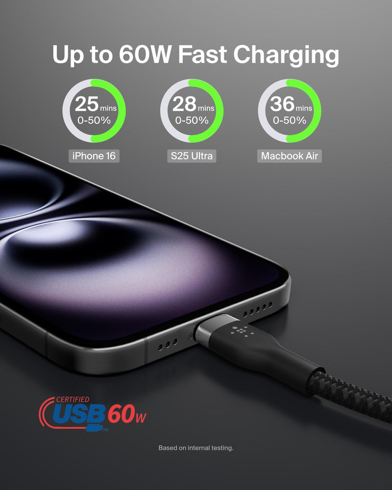 Belkin BoostCharge Pro Flex Braided USB-C to USB-C Charger Cable (6.6ft/2M), USB-IF Certified Fast Charging Cable for iPhone 16 Series, MacBook, Galaxy S25, Nintendo Switch 2 & More - Black (2-Pack) 6.6 ft - 2 pack