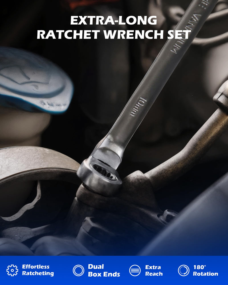 Orion Motor Tech 6-Piece Ratcheting Wrench Set, Metric 8-19 mm Flex Head Ratcheting Wrench Set, Extra Long Ratchet Wrench Set with 72 Tooth Gear & Double Box End