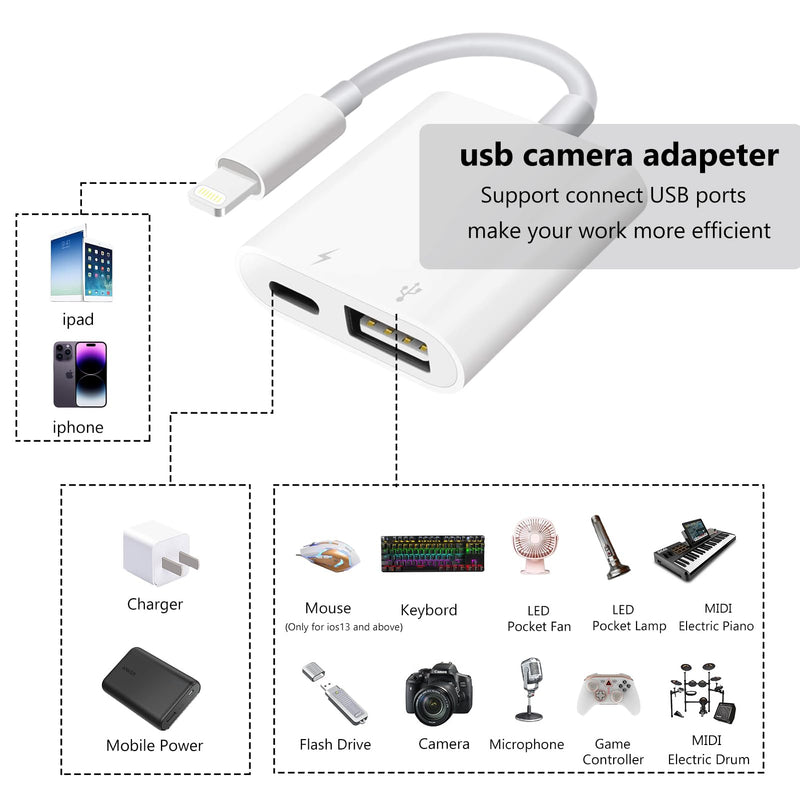 [Apple MFi Certified] Lightning to USB Camera Adapter with Charging Port for iPhone, USB 3.0 Female OTG Cable for iPad to Connect Card Reader USB Flash Drive U Disk Keyboard Mouse Hubs Midi OTG + Charging Port to Lightning