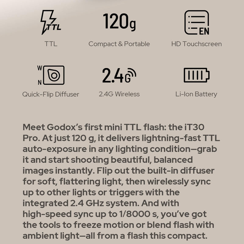 Godox Mini iT30Pro S iT30 Pro S for Sony TTL Flashlight Wireless Touch Screen Portable Flashlight HSS 1/8000 Second Compatible with Mirrorless Cameras External Flash Compatible for Sony