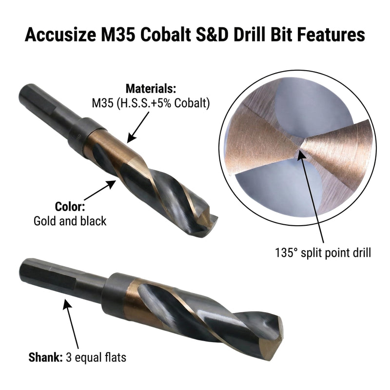Accusize Industrial Tools 1'' ANSI M35(H.S.S. + 5% Cobalt) S and D Drill, 1/2'' Shank, 135 Degree Split Point, 0412-0001 | 1" ANSI M35(HSS + 5% Cobalt) S and D Drill, 1/2" Shank, Reduced Shank, 135-Degree Split Point, 1 in
