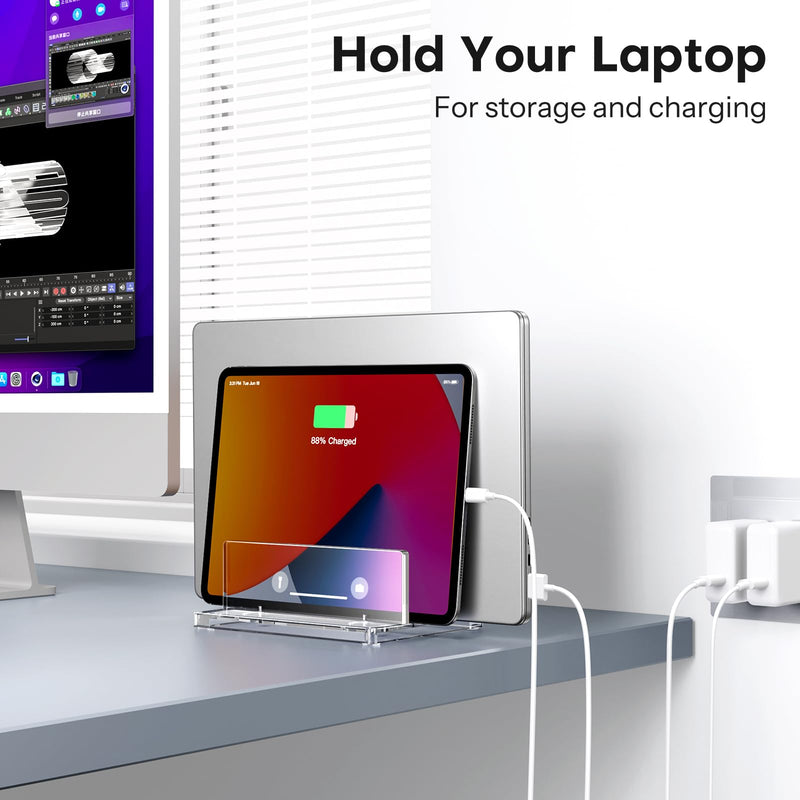 OMOTON Vertical Laptop Stand for Desk, Acrylic Dual Laptop Holder Desktop Clear Adjustable Dock for MacBook Pro Air, HP, All Gaming Laptops up to 17” (Clear, Dual Slot)