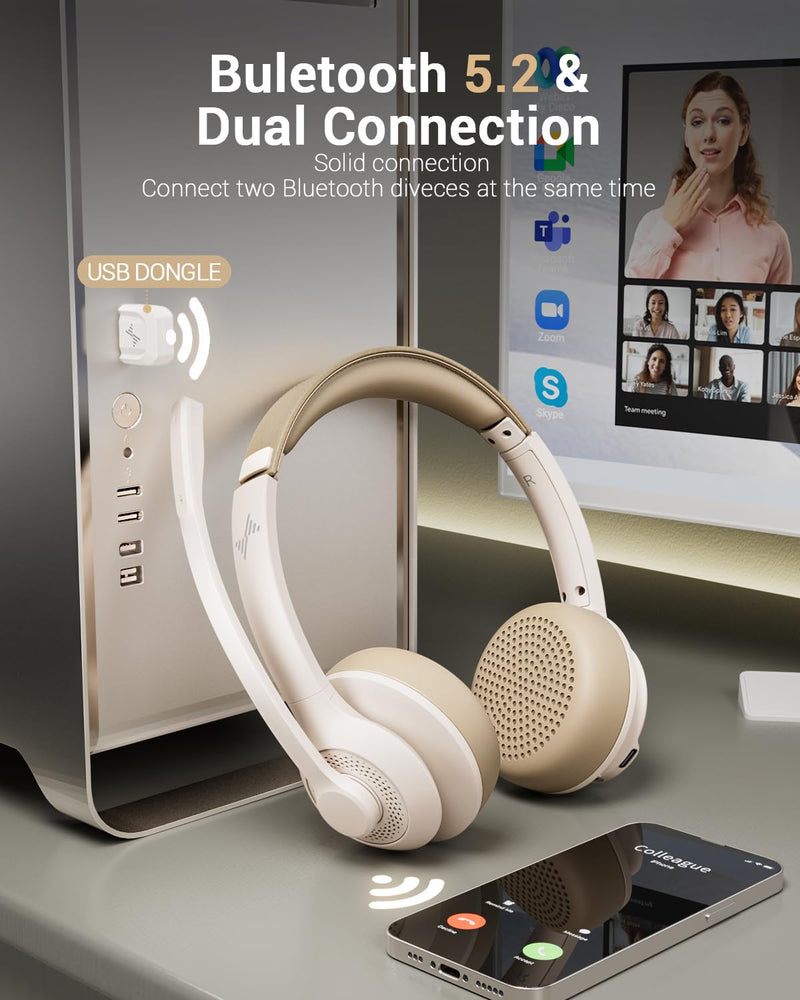 Wireless Headset with AI Noise Cancelling Microphone Bluetooth Headset - Bluetooth V5.2 Headphones with Mic Mute for Computer/Laptop/PC/iPhone/Android/Cell Phones/Zoom/Ms Teams/Skype-White White