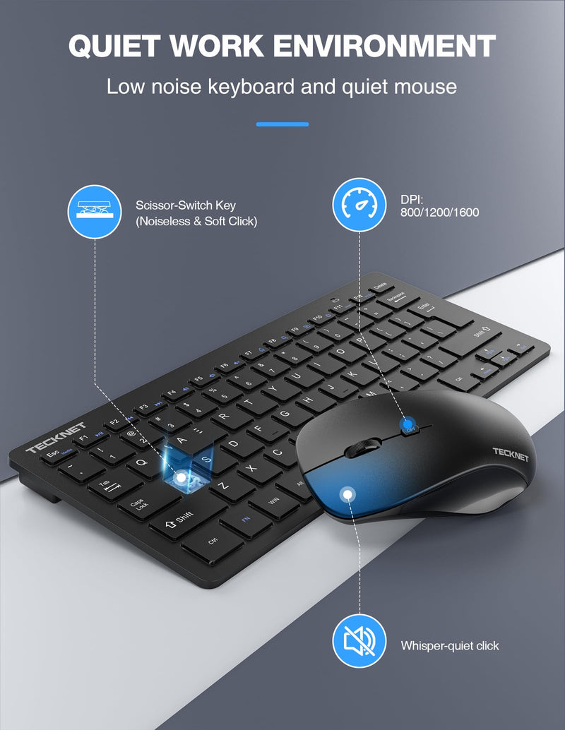 TECKNET Wireless Keyboard and Mouse Combo, Mini Cordless Computer Keyboard and Mouse Set 2.4GHz, Silent Adjustable 1600 DPI, Quiet Click, Lag-Free for Computer, Laptop, PC, Windows, Mac, Chrome OS Black