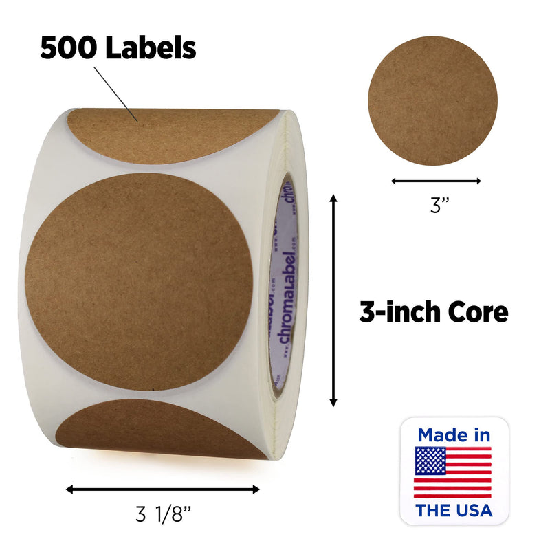 ChromaLabel Permanent Round Kraft Dot Stickers, 500 Labels per Roll, 3 inch