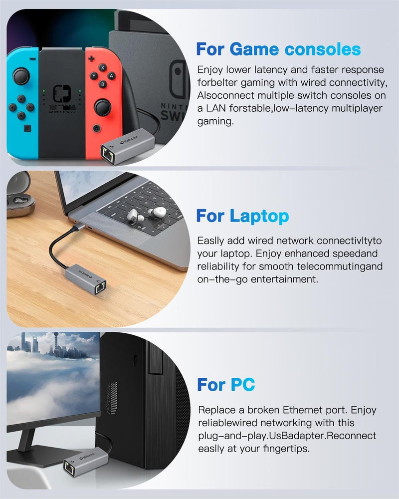USB 3.0 Hub With Ethernet Adapter, 4-in-1 Gigabit Ethernet to USB Adapter for Laptop, PC, MacBook Pro, iPad Pro, and More Type A Laptops