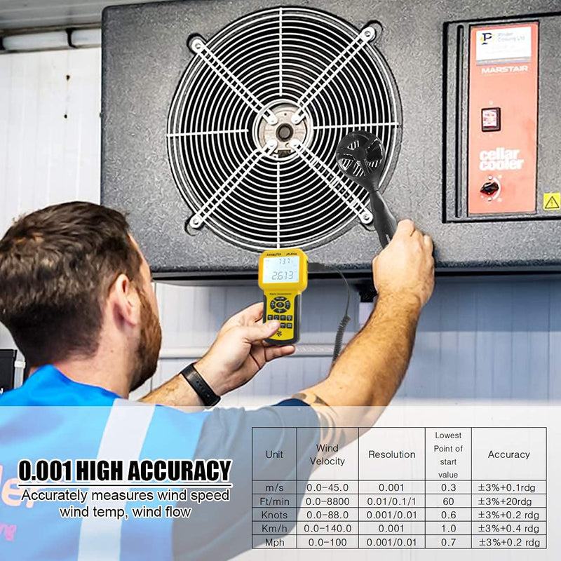 Handheld CFM CMM wind speed meter, separate anemometer measuring air flow speed temp meter for HVAC with data set MAX MIN AVG(AIOMEST AI-856A) AI-856A CFM anemometer w/ USB connect