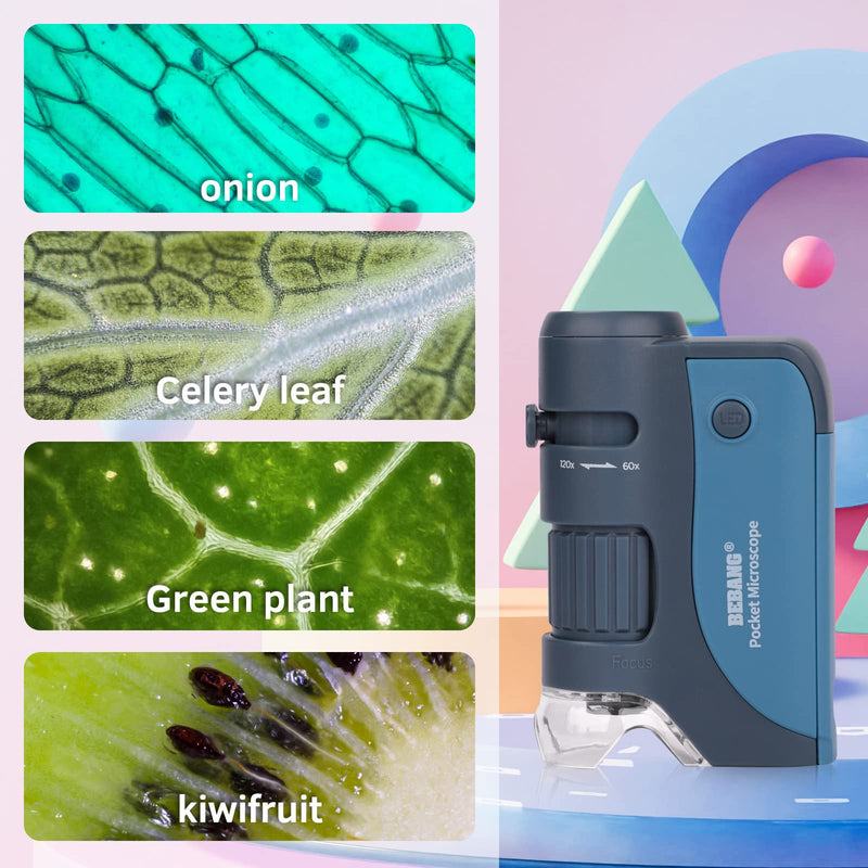 BEBANG Pocket Microscope for Kids, Handheld Mini Microscope with LED, 5 Prepared Slides, 60x-120x Portable Microscope for Kids Students Microbiological Observation Preschool Study 120X