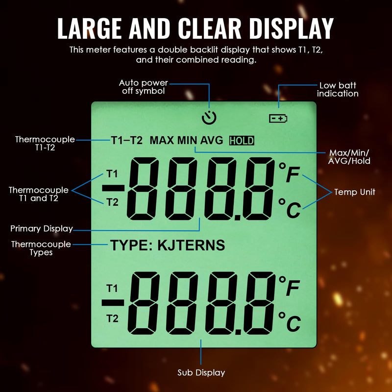 Dual Channel Thermocouple Thermometer, Type K/J/T/E/R/S/N, -150 to 1767 °C (-238 to 3212 °F) Digital Temperature Meter with Backlight Data Hold Function