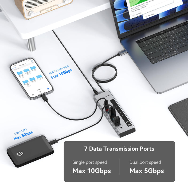 TobenONE Powered USB C Hub, 11-in-1 10Gbps USB C Splitter with 5 USB-A and 5 USB-C, 72W Adapter, 100W PD-IN, 45W USB C Charging Port, USB C Expander for Laptop/PC, MacBook, iPad,Phone(Not for Monitor)