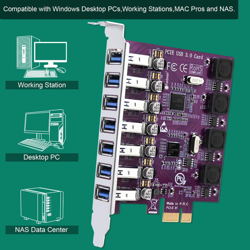 7X 5Gbps USB-A Ports PCIE USB 3.0 Expansion Card for Windows 11, 10, 8.x, 7, Vista, XP Desktop PCs, Built in FebSmart Self-Powered Technology, No Need Additional Power Supply (FS-U7L-Pro) FS-U7L-Pro Purple