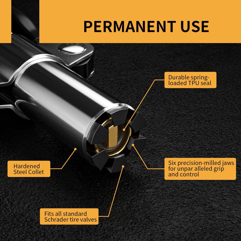 Locking Air Chuck, Heavy Duty Closed Flow with Six Steel Jaws, Locks onto Any Tire Valve, No Leaks or Pop-Offs, Rated to 150 PSI - Closed Flow