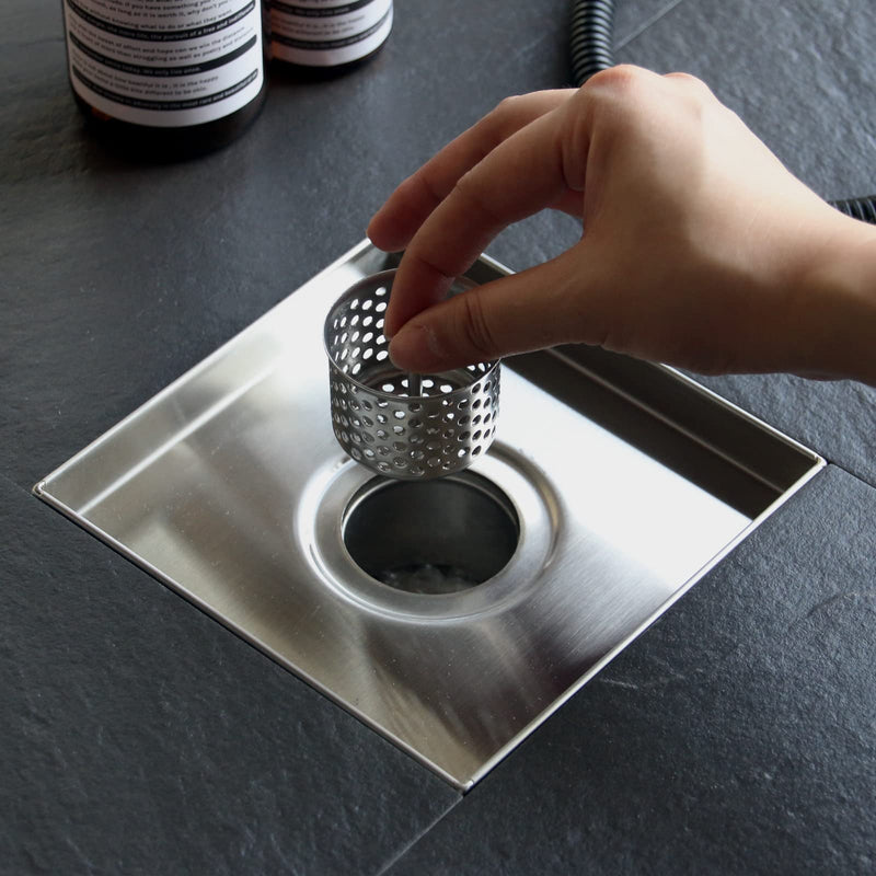 Sharpeye 4 Inch Square Shower Drain with Removable Tile Insert Grate, Brushed 304 Stainless Steel Square Shower Floor Drain, Includes Hair Strainer, CUPC Certified Brushed Stainless Steel