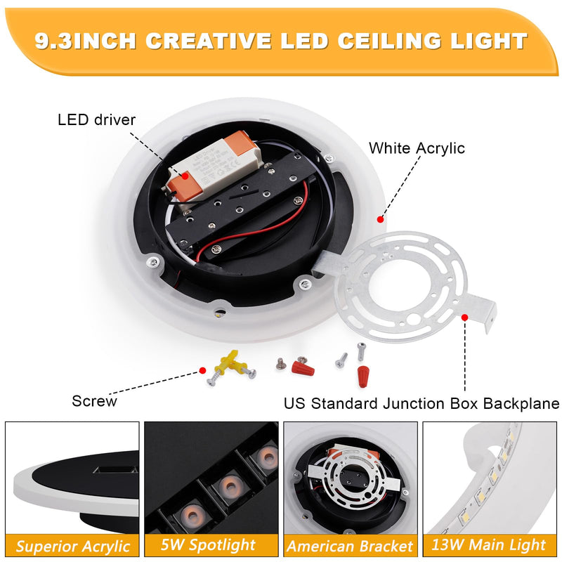 Kawell Creative 13W Close to Ceiling Light with 5W Spotlight 9.4 Inch LED Ceiling Light Hardwired Acrylic LED Ceiling Lamp Indoor for Hallway Bedroom Study Living Room, Black(Warm White)