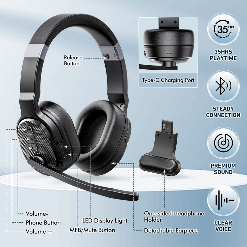Trucker Bluetooth Headset with Dongle, Wireless Headsets with Noise Cancelling Microphone, 50+Hrs HD Talktime Bluetooth Headphones with Detachable Earpad/Single+Dual Mode for Office/Driving Black-Dongle