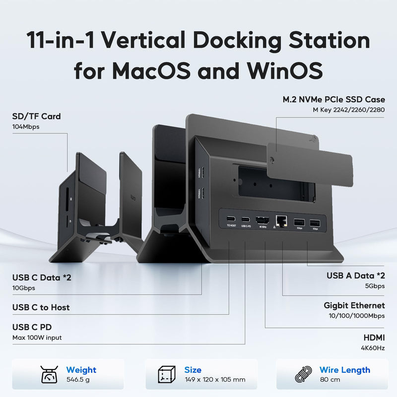 Vertical MacBook Docking Station, PULWTOP Docking Station for Mac mini with M.2 NVMe case for MacBook Pro/Air, 4K@60Hz HDMI, 2USB C 10Gbps, SD/TF, 100W PD, RJ45, 2 USB A for Windows Black