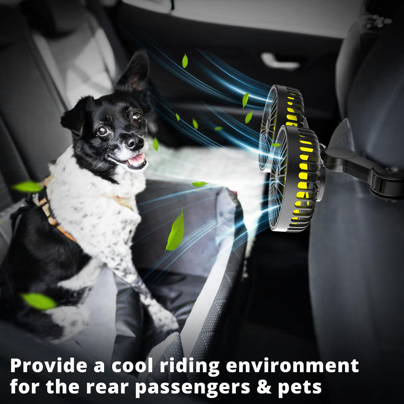 Car Fan for Backseat, Dual Head USB Car Seat Fan, 3 Speeds Strong Wind 360° Rotatable Vehicle Rear Headrest Fan for Car, Air Circulation Car Fans with Adjustable Clip for All Car Models