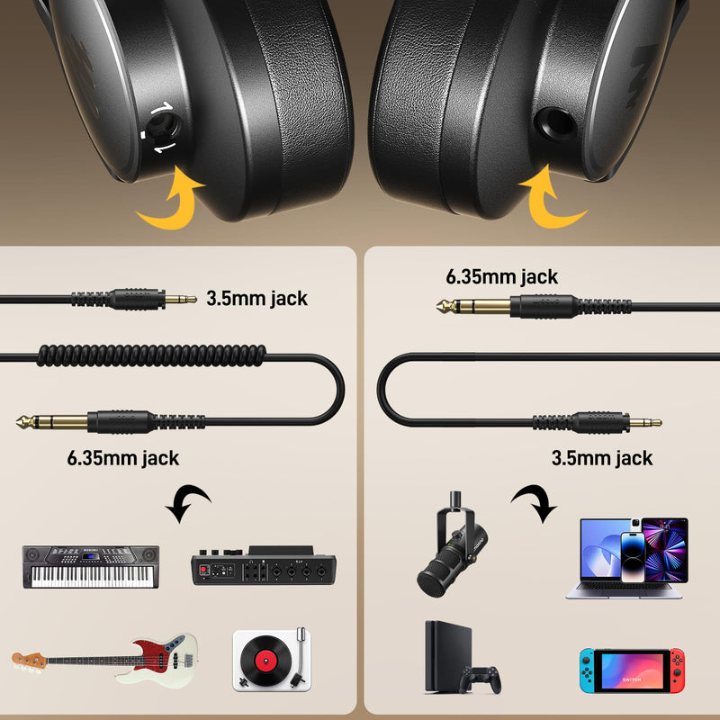 MAONO Studio Monitor Mixing DJ Headphones, 50mm Driver Professional Over Ear Wired Headset with 3.5mm to 6.35mm Jack for Guitar AMP, Piano, Music Production, Keyboard, Recording, Podcast, MH700 Black