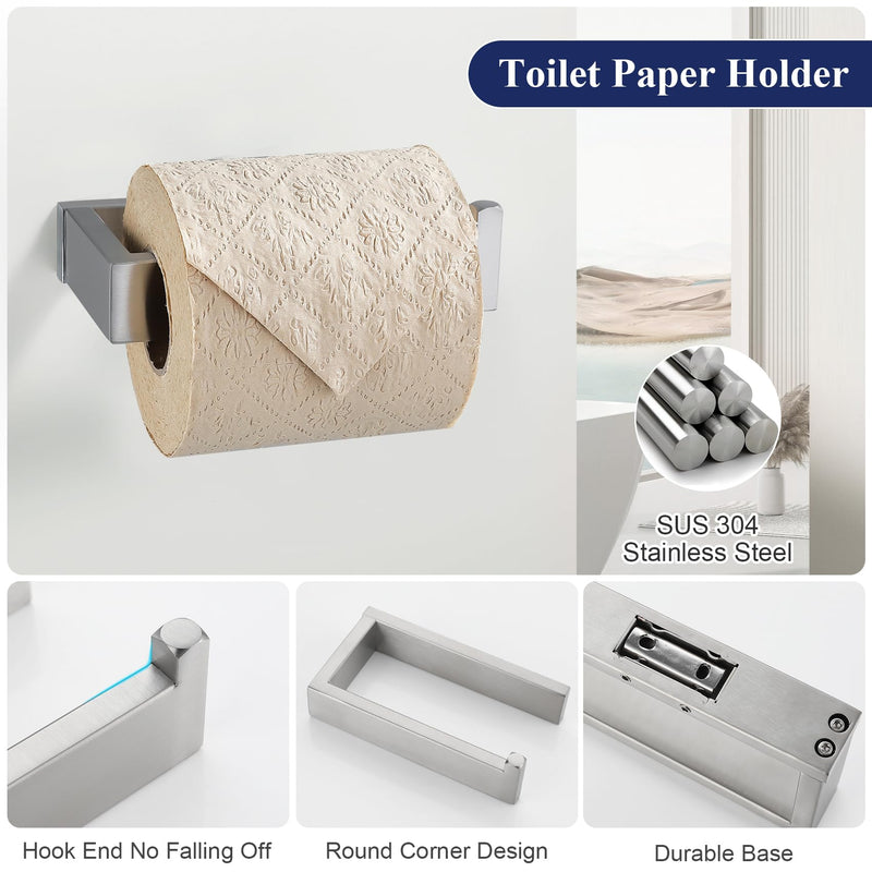 3 Pieces Brushed Nickel Bathroom Hardware Accessories Set,SUS304 Stainless Steel Towel Holder Set Towel Holder Robe Hook Toilet Paper Holder Wall Mounted