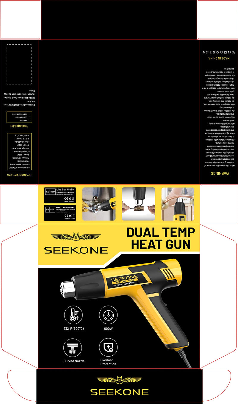 SEEKONE mini hot air gun, 600W dual temperature hot air gun 300℃ & 500℃, with overload protection and ceramic heating core for crafts, embossing, paint stripping, shrinking and shrink tubing