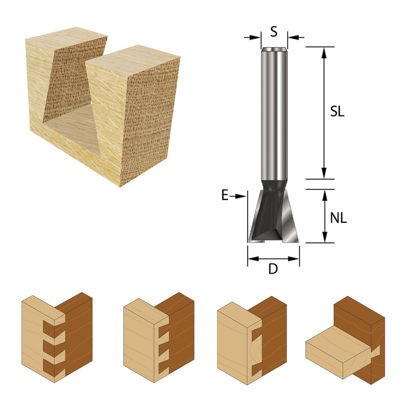 ENT Dovetail Cutter TC Shank (C) 8 mm, Diameter (A) 22 mm, B 22 mm, E 15°, D 32 mm, with Spurs E=15 / D=22 / NL=22