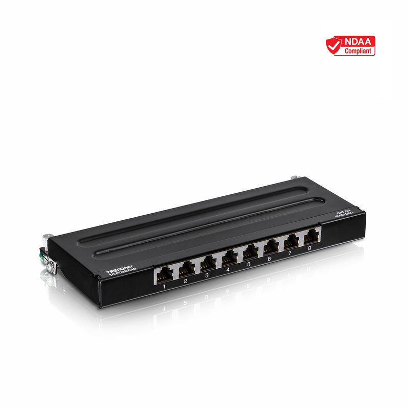TRENDnet 8-Port Cat6A Shielded Patch Panel, Wall Mount Ready, 10G Ready, Cat5e,Cat6,Cat6A Compatible, Metal Housing, Color-Coded Labeling for T568A & T568B Wiring, Cable Management, Black, TC-P08C6AS 8 Port