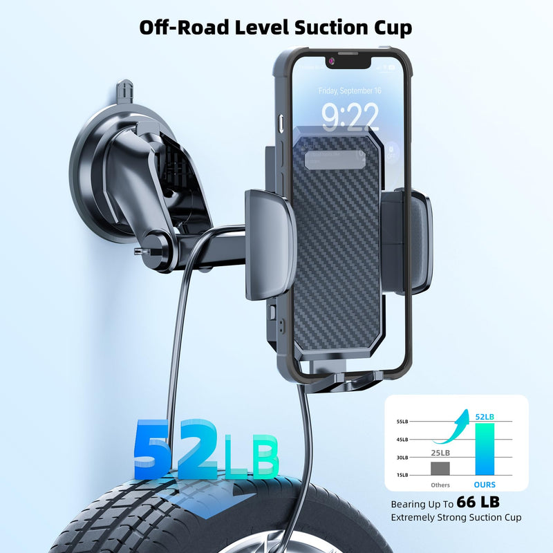 FBB Phone Mount for Car, [ Off-Road Level Suction Cup Protection ] 3in1 Long Arm Suction Cup Holder Universal Cell Phone Holder Mount Dashboard Windshield Vent Compatible with All Smartphones Black