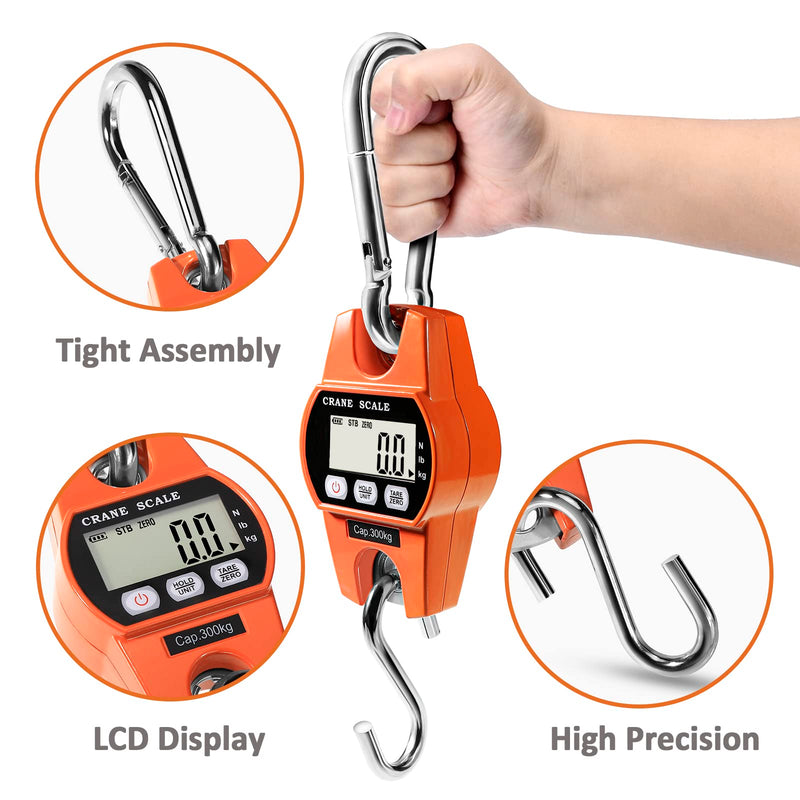 GRAM PRES Digital Hanging Scale 660 Lb 300 Kg Hanging Digital Scale, Handheld Mini Crane Scale with Hooks for Farm Hunting Fishing Outdoor Orange