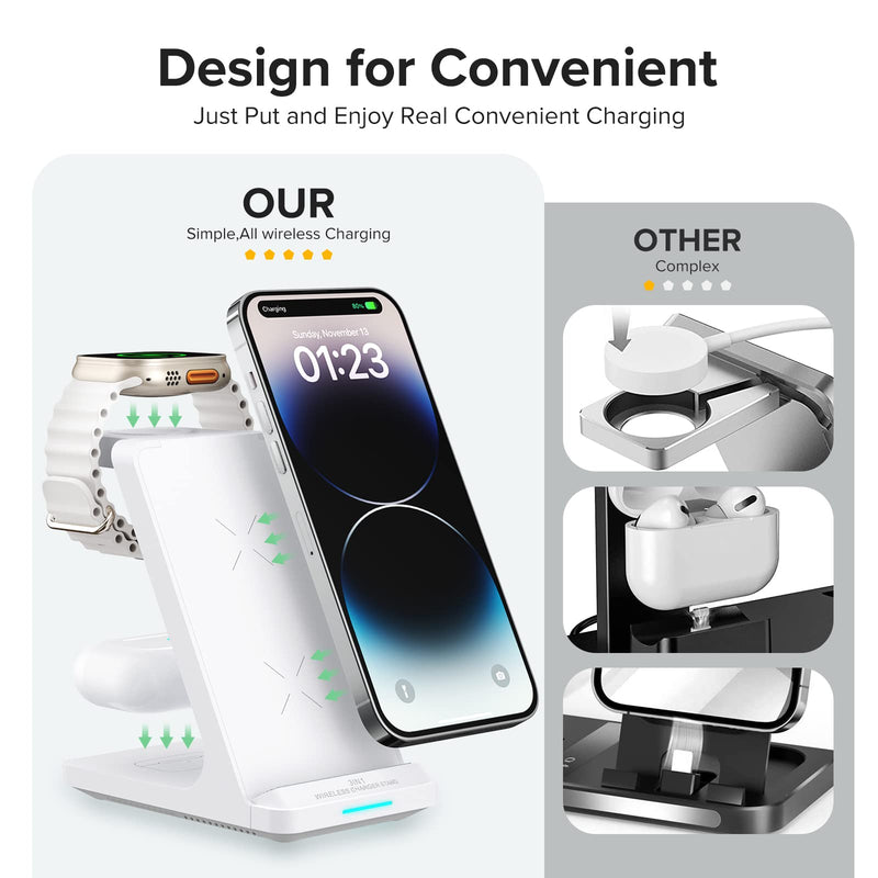 Wireless Charging Station, 3 in 1 Fast Wireless Charger Stand for Multiple Devices Apple Watch Ultra Series 9 8 7 6 SE 5 4 3 2, iPhone 16 15 14 13 12 11 Pro Max/Plus/Mini/X/XS/Max/XR/SE, Airpods White
