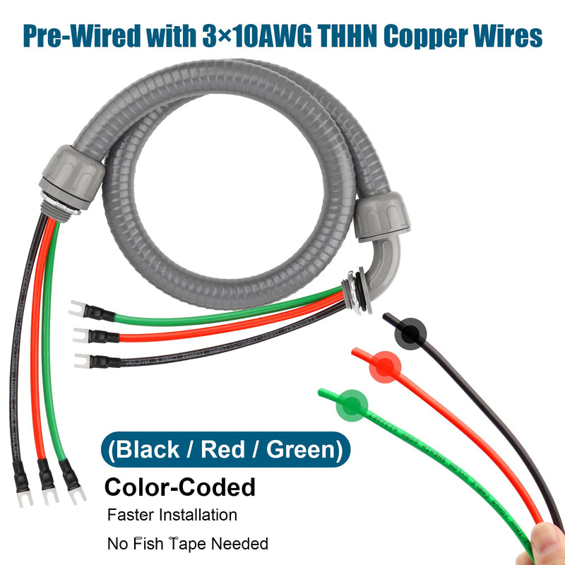 6FT Non-Metallic Liquid-Tight Conduit Kit, 1/2" Pre-Wired Electrical Whip with 3×10AWG THHN Copper Wires & Pre-Installed Terminals, 90° & Straight Connectors, Outdoor HVAC A/C Wiring 6 ft With Terminals