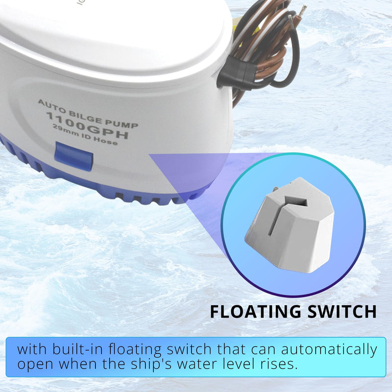 Automatic Water Pump 1100GPH，12V Bilge Pump，Equipped With Internal Floating Switch, Suitable For Submarines, Basement Puddles, And Fishing Boats 1100GPH Automatic Pump