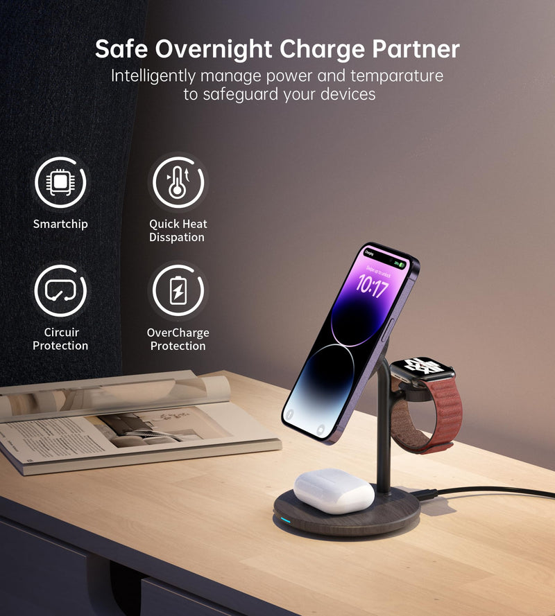 XooFly 3 in 1 Wireless Charging Station for Apple Devices, Fast Wireless Mag-Safe Charger Stand with 20W Adapter for iPhone 17/16 15 14 13 12 Pro Max/Pro/Plus/Air/Mini,iWatch,AirPods(Black Wood Grain) Black Woodgrain