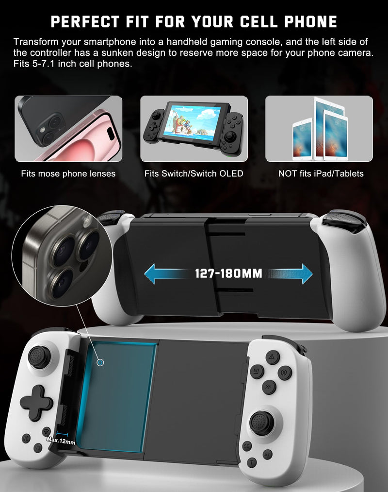 Joso Phone Controller for iPhone/Android/PC, D6 Wireless Game Controller for Switch/PS3/PS4 with Hall Joystick/Turbo/6-Axis Gyro/Dual Motor, iOS Android Controller Support Cloud Gaming/Remote Play White