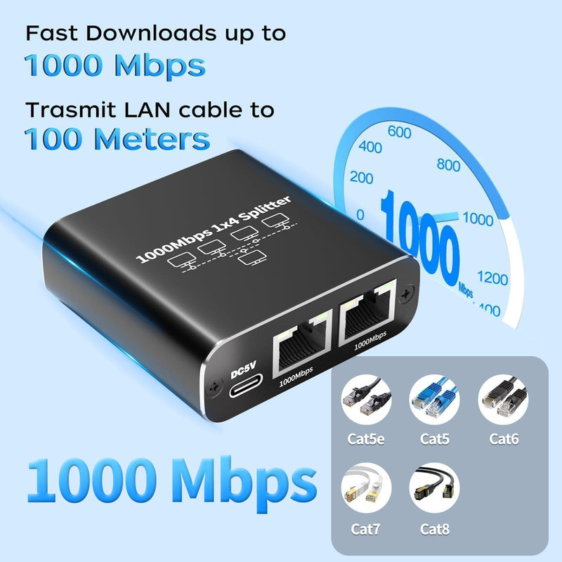 1000Mbps Ethernet Splitter 1 to 4 High Speed Rj45 Splitter, 4 Devices Simultaneously Networking, LAN Network Adapter with USB Power Cable, Internet Splitter for Cat5/5e/6/7/8 Cable 1000Mbps Ethernet Spltter 1 to 4