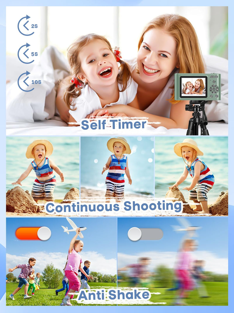 Digital Camera, 44MP Full HD 1080P Point and Shoot Camera with 64GB Card, Anti Shake 16X Zoom Compact Volg Cameras, Portable Small Camara Gift for Kids, Ages Teen Girl Boy - Green