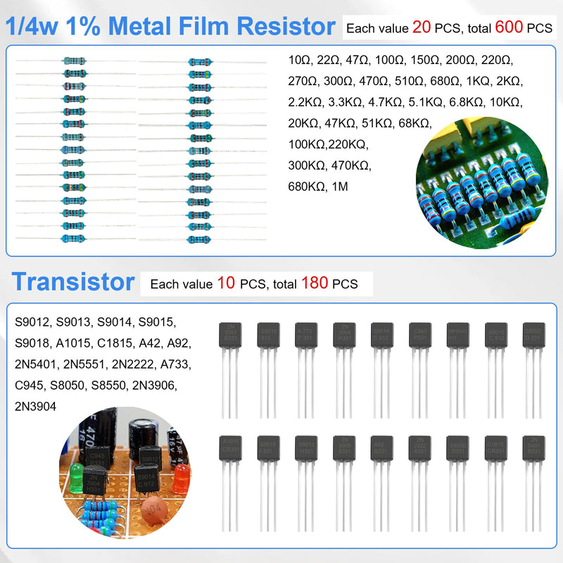 Electronic Component Kit, 1628 Pcs DIY Electronics Kit with LED Diodes, Diodes, Metal Film Resistors, Electrolytic Capacitor, Transistors, Ceramic Capacitors, Dupont Wire, PCB Board, Breadboard