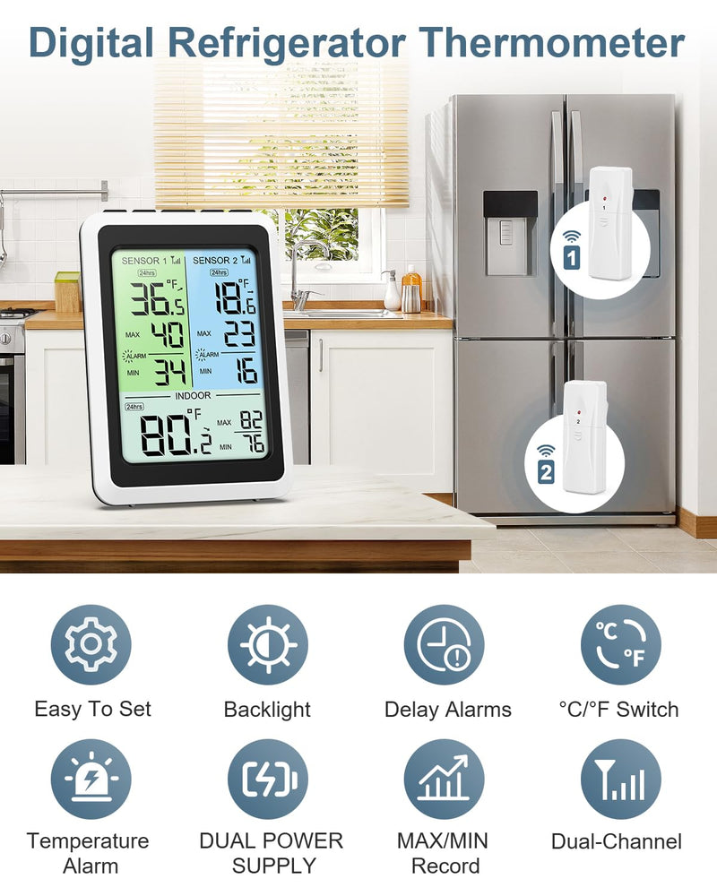Upgraded Refrigerator Thermometer with Freezer Alarm, Digital Wireless Fridge Thermometer with 2 Sensors, 4.5" LCD Display, ℃/℉, Backlight Min/Max Record for Kitchen Home Restaurant