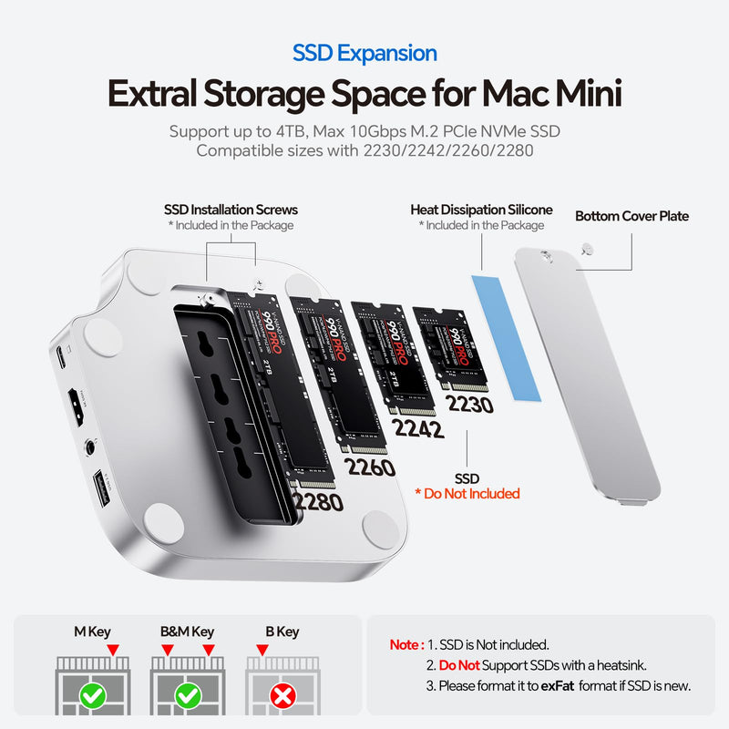 Mac mini M4 Dock, No WiFi Interference PULWTOP Mac mini M4 Hub Stand with M.2 SSD Enclosure (SSD NOT Included), for Mac mini M4 and M4 Pro 2024 with 4K60Hz HDMI, 3 x USB A 2.0, SD/TF, 3.5mm Audio/Mic