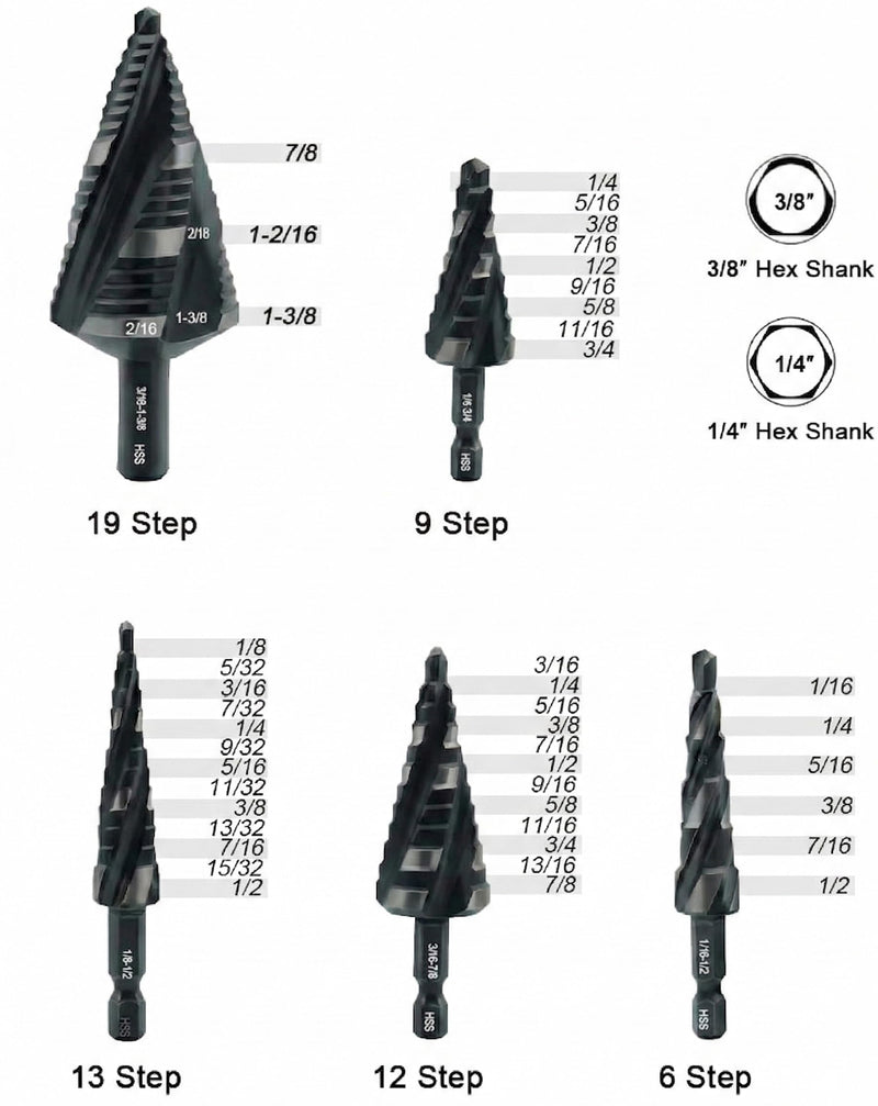 4 Spiral Flute Step Drill Bit Set with Case for Sheet Metal, Wood | 5PCS, 1/8"-1-3/8" HSS Unibits, 1/4" and 3/8" Quick-Change Hex Shank, Use in Electrical Installation, DIY Repair 1/8"-1-3/8" (5Pcs)