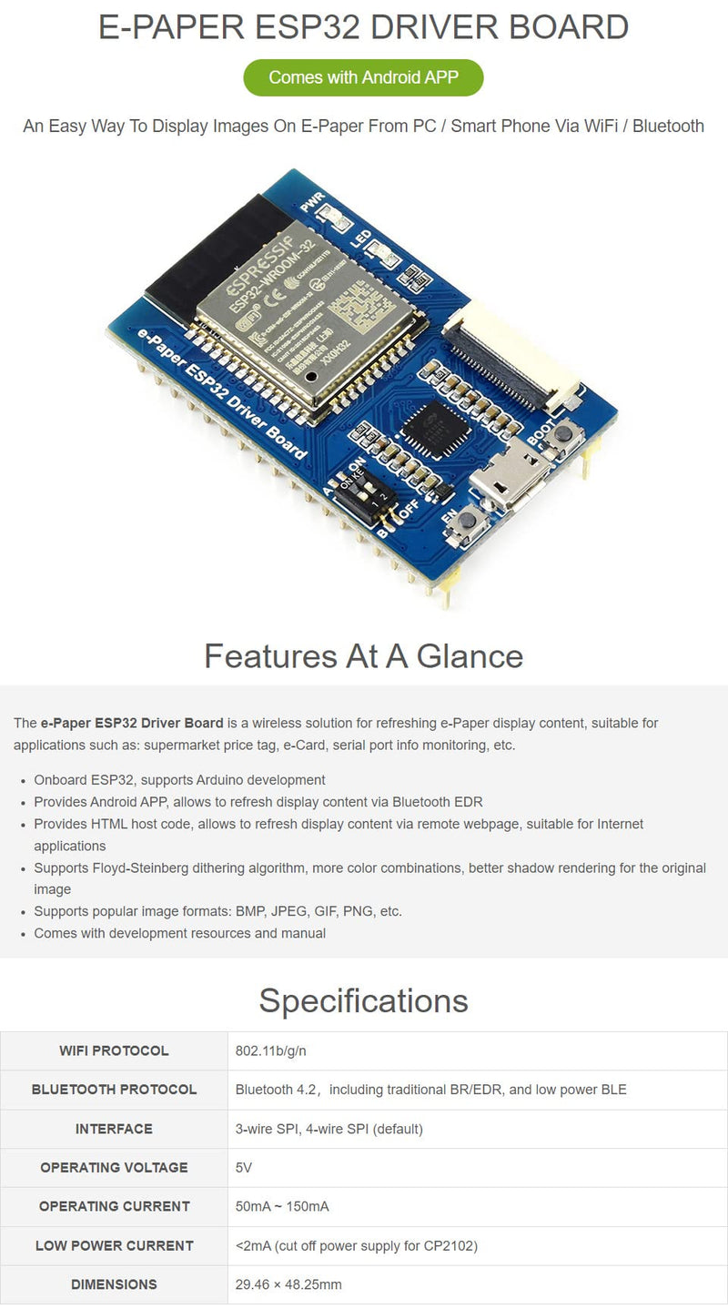 Waveshare Universal e-Paper Driver Board with WiFi/Bluetoth SoC ESP32 onboard Support Various Waveshare SPI e-Paper Raw Panels