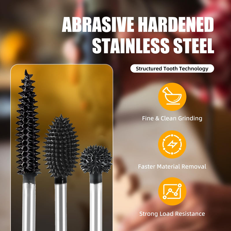 CAELUM Carbide Rotary Burr Kit, 3-Piece Wood Carving Burr Set, 1/8" Shaft Very Coarse Burrs for Fast Material Removal, Sphere Flame Taper Bits for Dremel, DeWalt Rotary Tools, Wood Rubber Plastic 3PcsFlame, Sphere, Taper