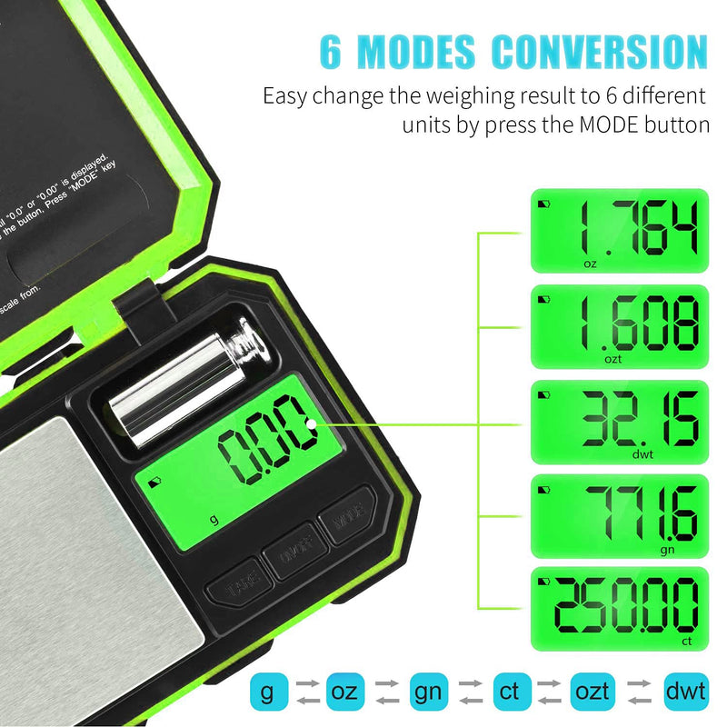 Fuzion Pocket Gram Scale, 500g x 0.01g Digital Jewelry Scale, 6 Modes Conversion Mini Scale with LCD Display, Tare for Herb, Food, Jewelry, Medicine 500/0.01g Green