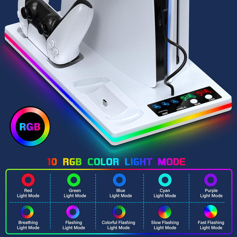 PS5/PS5 Slim Stand and Cooling Station with Controller Charging Station for Playstation 5 Slim&Standard Disc/Digital Console, 10 RGB Light PS5 Cooler Accessories Incl 3 Levels Cooling Fan/USB Hub