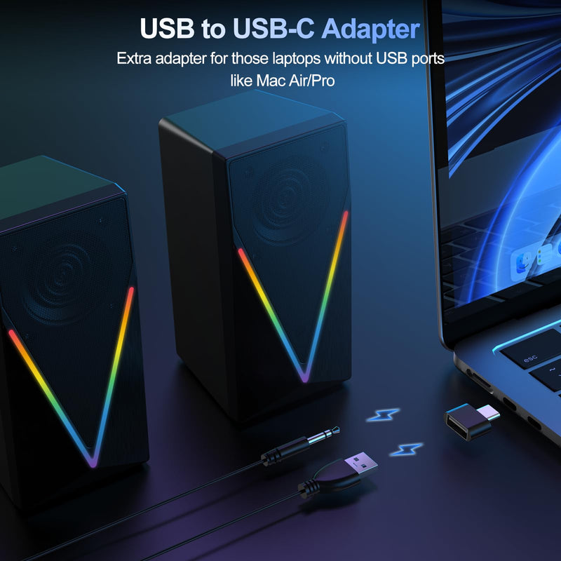 Computer Speakers, Desktop Speakers with 6 Colorful RGB Lights, Headphone Jack, Enhanced Bass and Volume Control, PC Speakers USB Powered & 3.5mm Aux Gaming Speakers for Laptop Monitor PC Tablet Phone
