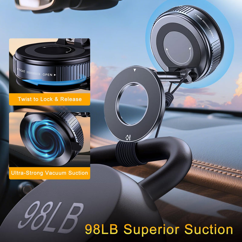 Vacuum Magnetic Suction Phone Holder, Foldable Hands-Free Suction Cup Phone Mount for Car/Gym/Mirror/Smooth Surface, 360° Adjustable Car Phone Holder for Magsafe iPhone 17 Pro Max Air Black