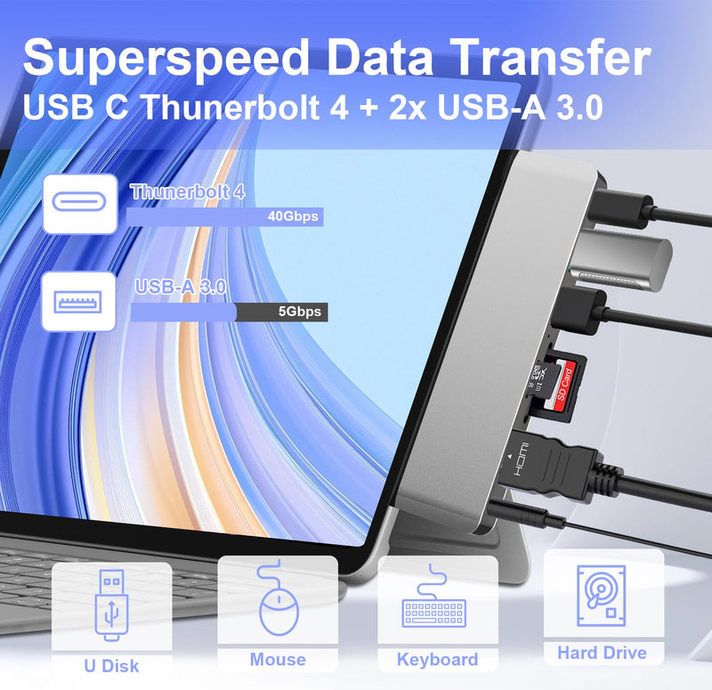 Surface Pro 12 Accessories Docking Station, USB Hub and Adapter with 4K HDMI, USB-C Thunderbolt 4 (Display+Data+100W PD), 2 USB 3.0, 3.5mm Audio, SD/TF Card Slot for Surface Pro 12 inch 2025