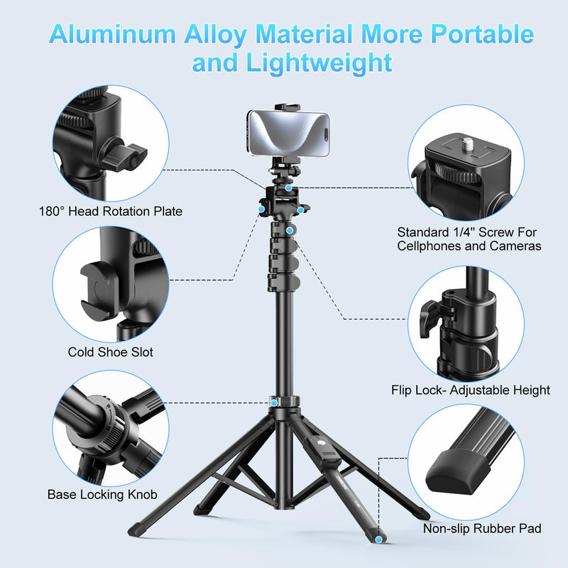 Fugetek 62" Professional Cell Phone Tripod, Ultra Stable 4 Leg Design, Bluetooth Remote, 100% All Aluminum Stick & Legs, Portable All in One, 360° Phone Mount with 2 Cold Shoe Slots, Non Skid Feet Quadrapod