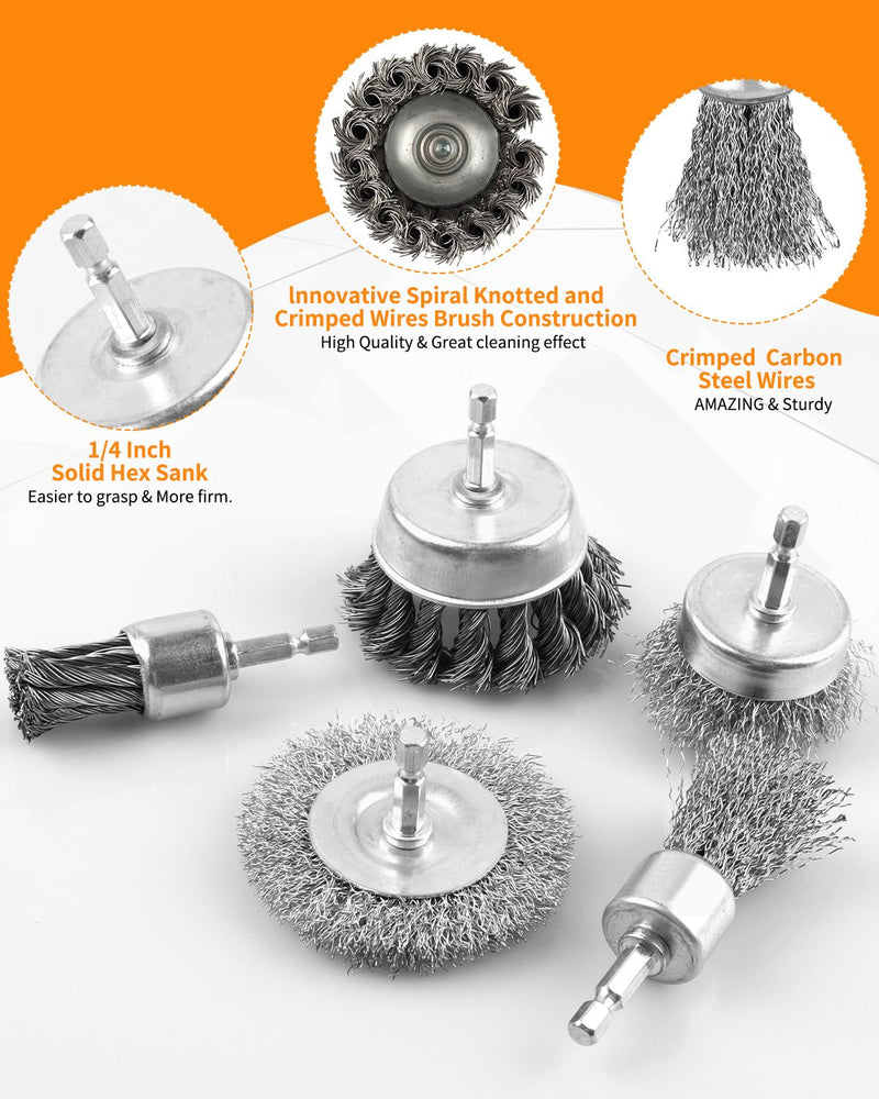 24 Pcs Wire Wheel Brush for Drill, Heavy Duty Drill Wire Brush Set, 1/4'' Hex Shank Wire Brush Drill Attachments Coarse Carbon Steel Crimped, Great for Cleaning Rust, Paint, Abrasive 24pcs(Twisted & Carbon Steel Wire)