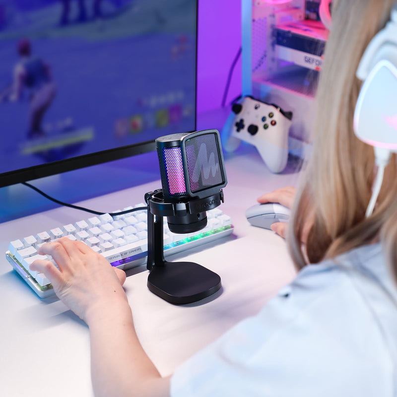 MAONO USB Gaming Microphone for PC, Noise Cancellation Condenser Mic with RGB Lights, Mute, Gain for Streaming, Recording, Podcast, Chat, Twitch, YouTube, Discord, Computer, PS5, PS4, GamerWave Black